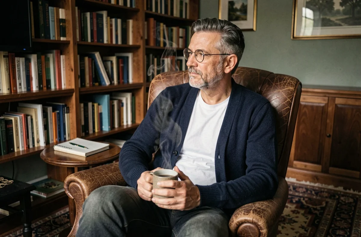 Homme avec des lunettes dans un fauteuil en cuir regardant une série dans une bibliothèque cosy