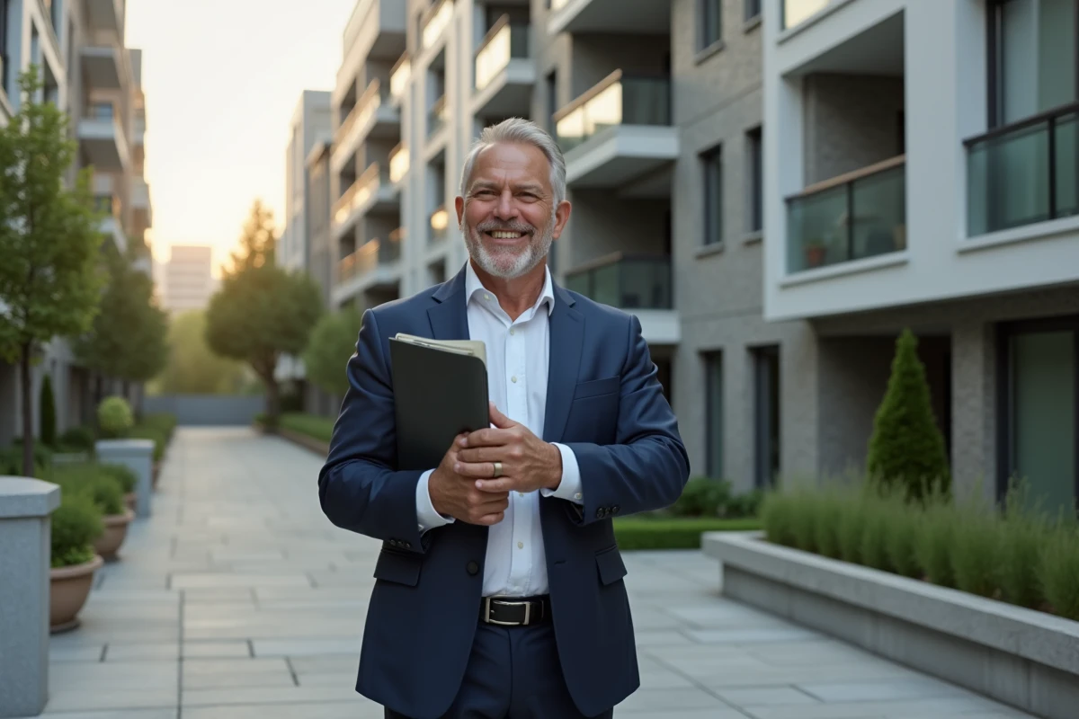 Homme souriant devant immeuble neuf en immobilier