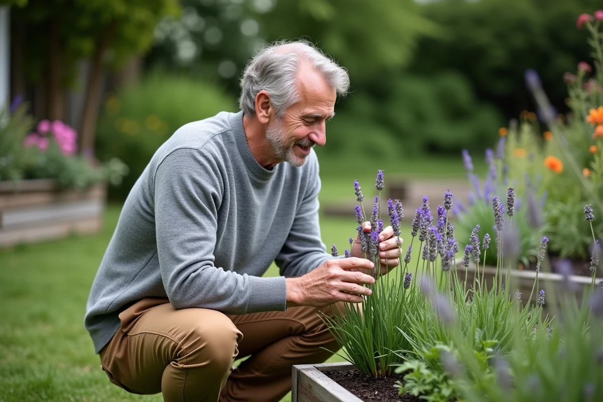 Homme inspectant des herbes dans un jardin extérieur
