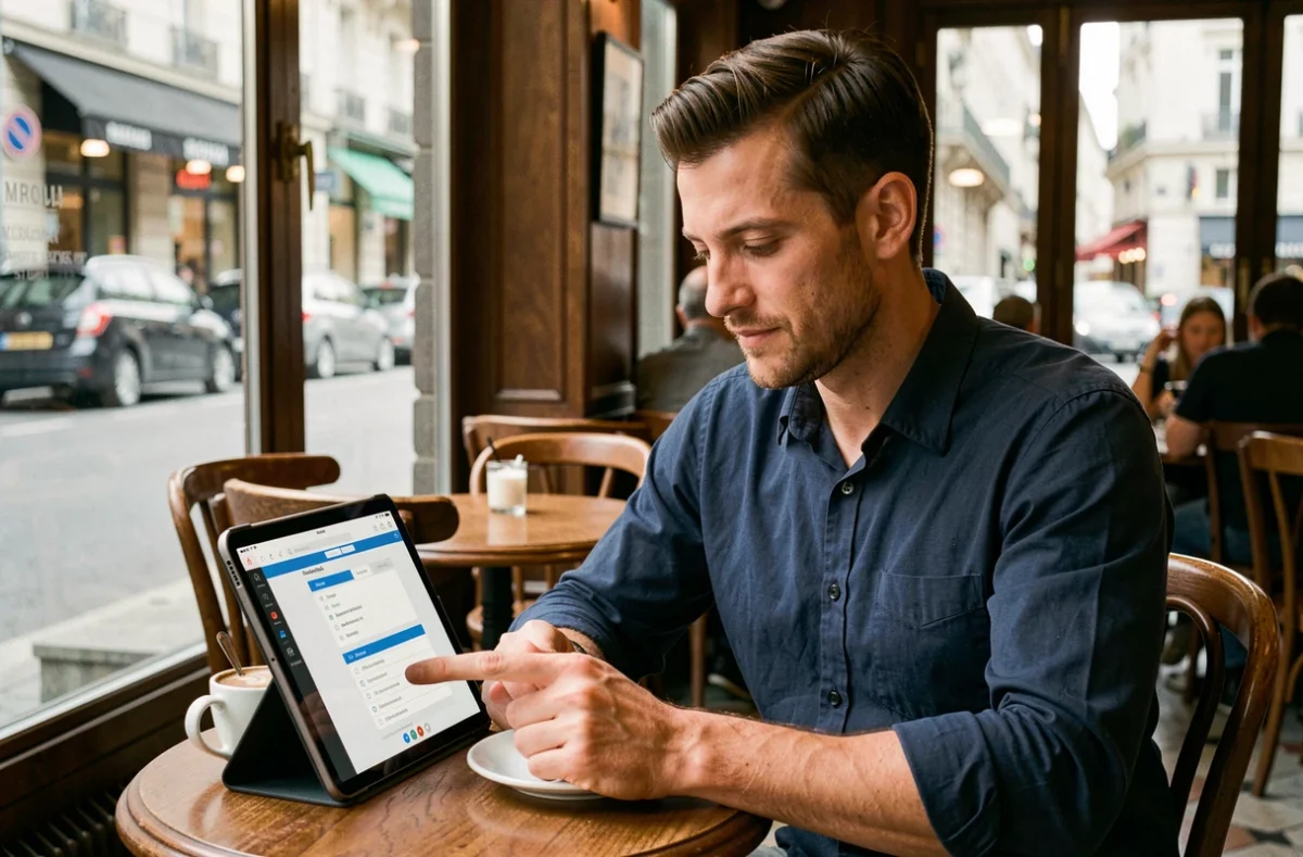 Homme consultant un plan de site sur une tablette dans un café urbain français