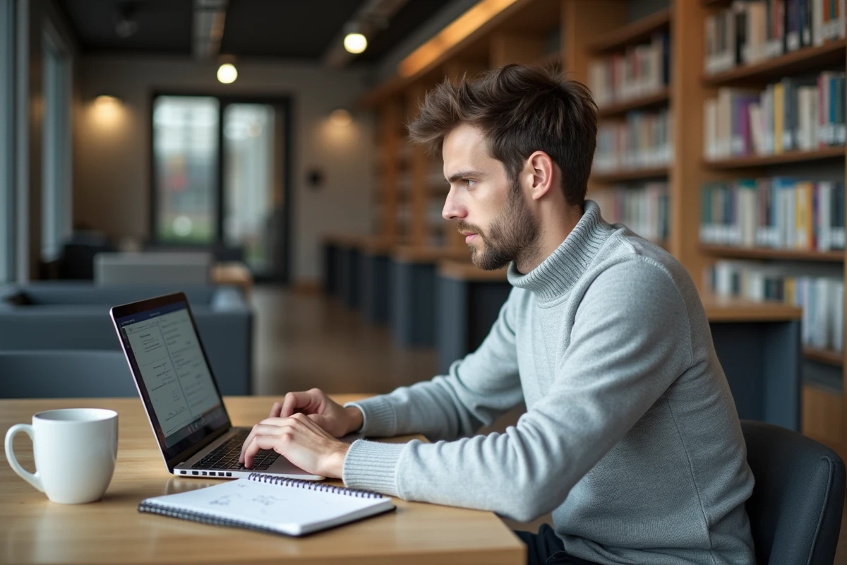Jeune homme révisant des exercices de logique pour le concours SNCF dans une bibliothèque moderne avec un ordinateur portable