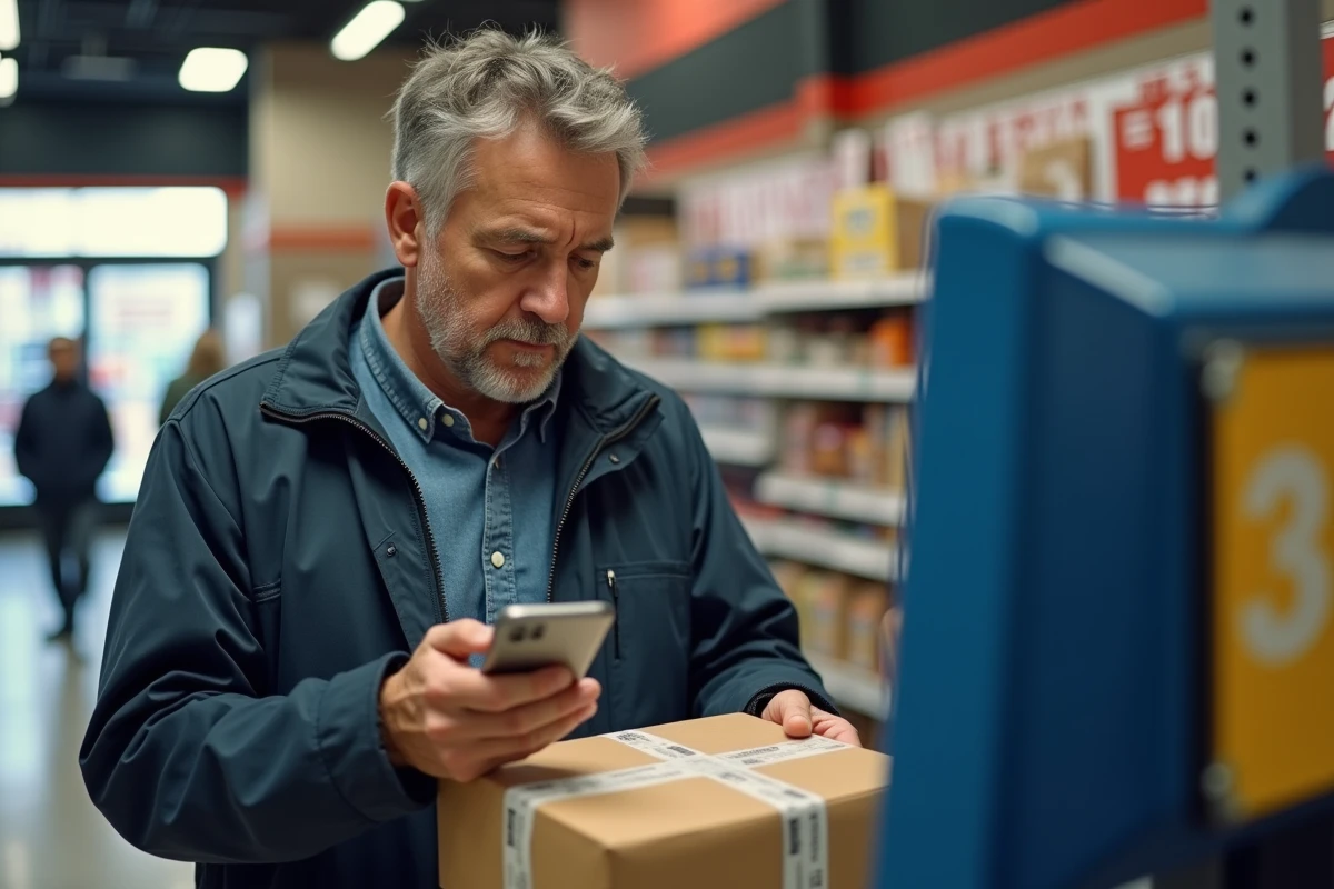Homme scannant un colis à un kiosque d