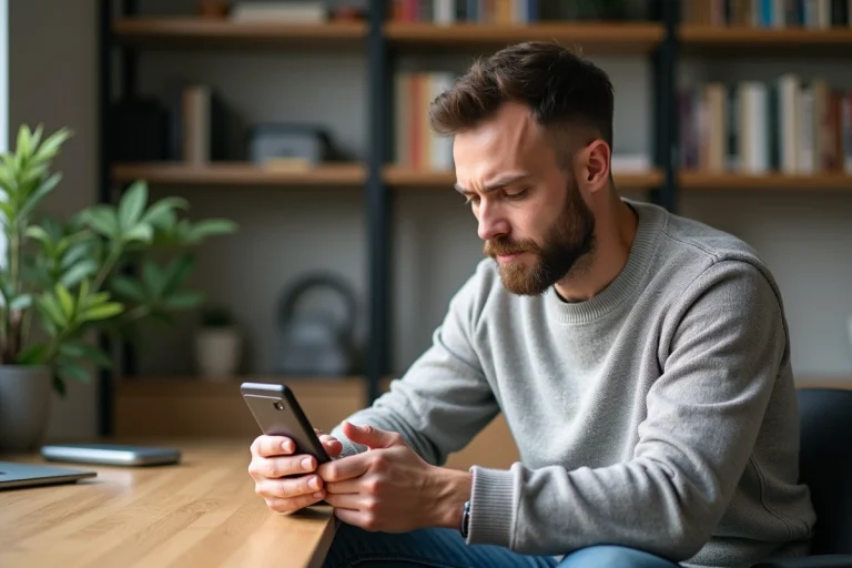 Homme en sweater regardant son smartphone dans un espace de travail