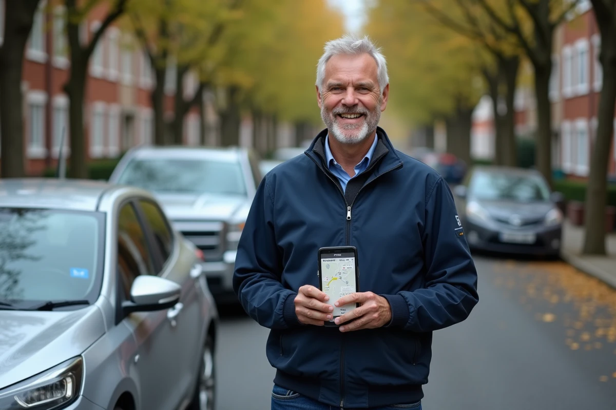 Homme consultant une application de calcul de trajet et de coût sur son smartphone à côté de sa voiture