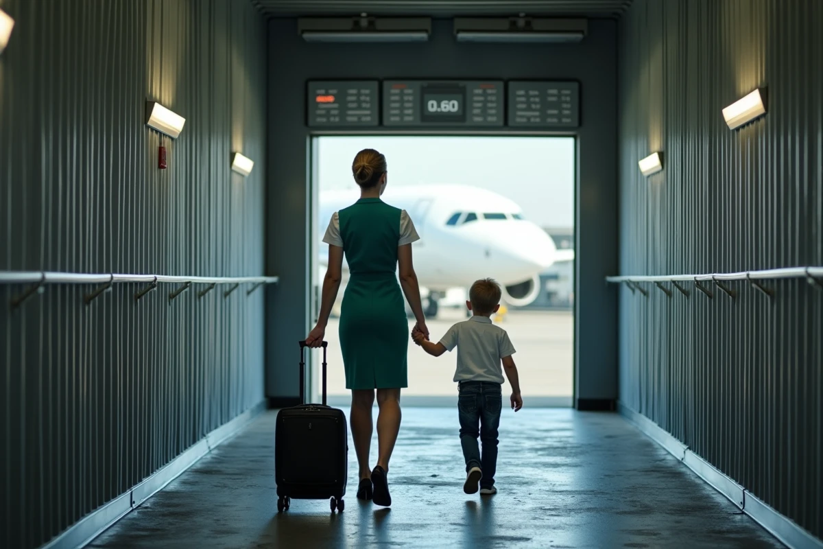 Hôtesse de l'air accompagnant un jeune enfant non accompagné dans la passerelle d'embarquement vers l'avion Transavia