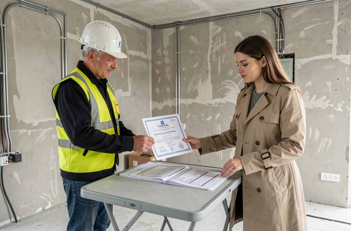 Inspecteur et propriétaire examinant un certificat Consuel dans un appartement en cours de rénovation électrique