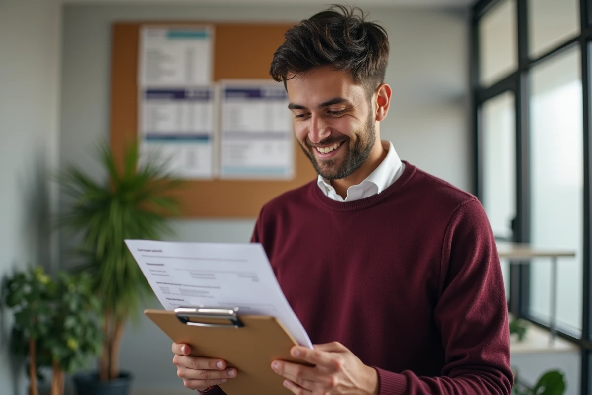Jeune aide-soignant étudiant un bulletin de salaire au bureau