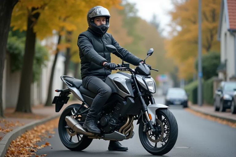 Jeune homme de 17 ans en équipement moto complet assis sur une 125cc dans une rue résidentielle française