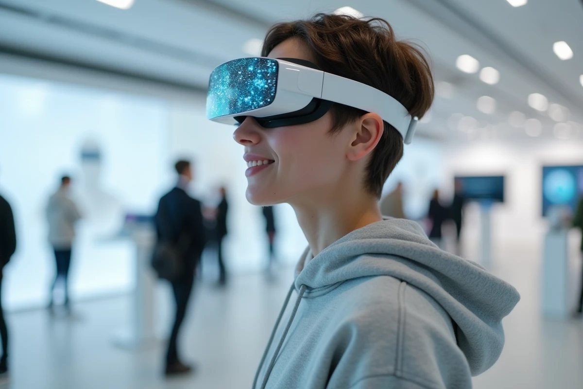 Jeune femme testant des lunettes de réalité augmentée lors d'un salon de l'innovation technologique