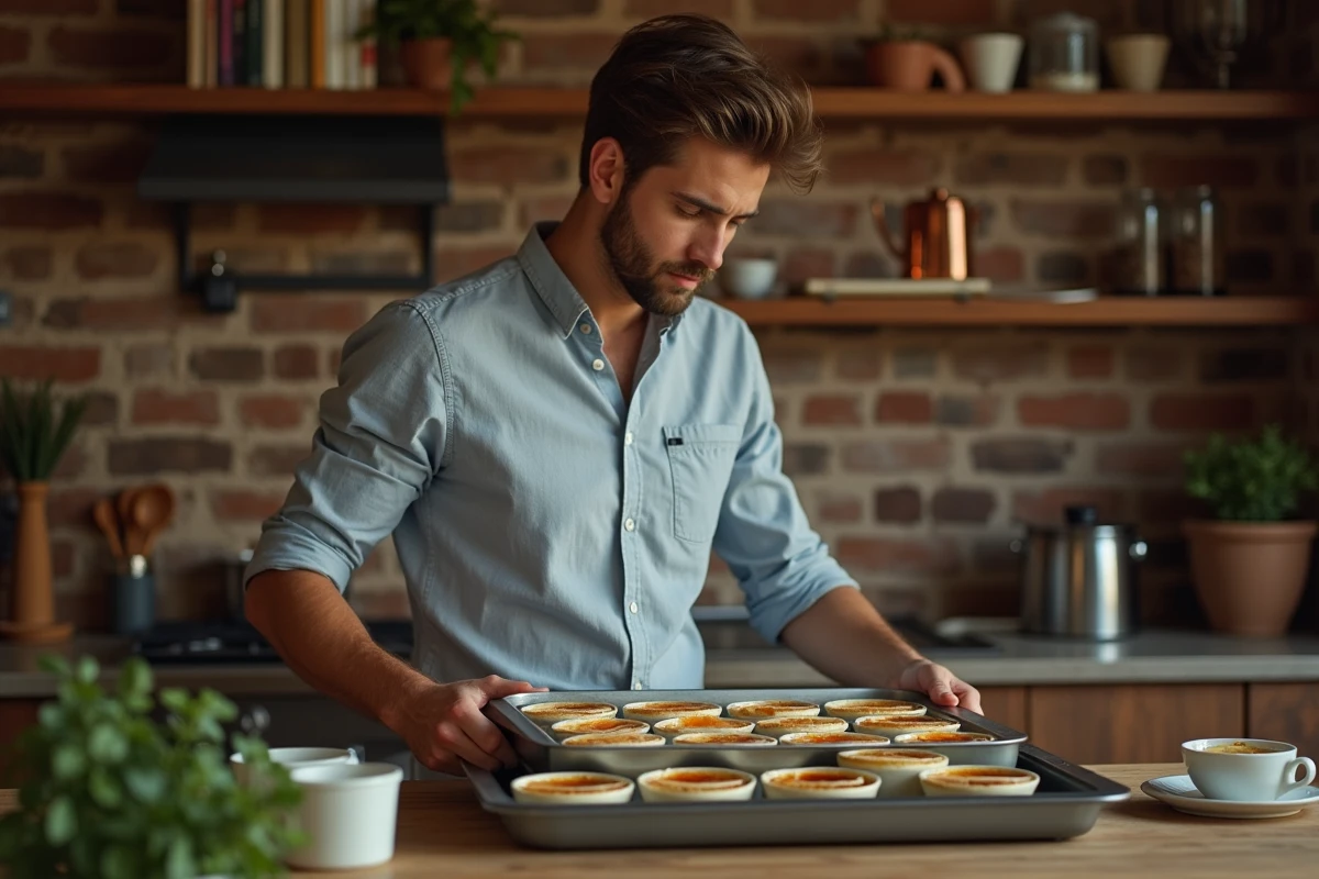 Jeune homme préparant un bain marie pour crème brûlée dans une cuisine rustique