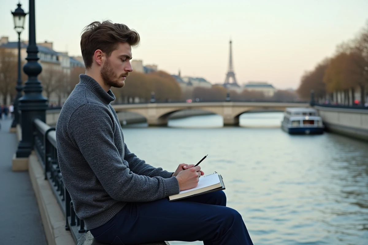 Jeune homme dessinant sur un pont parisien au matin