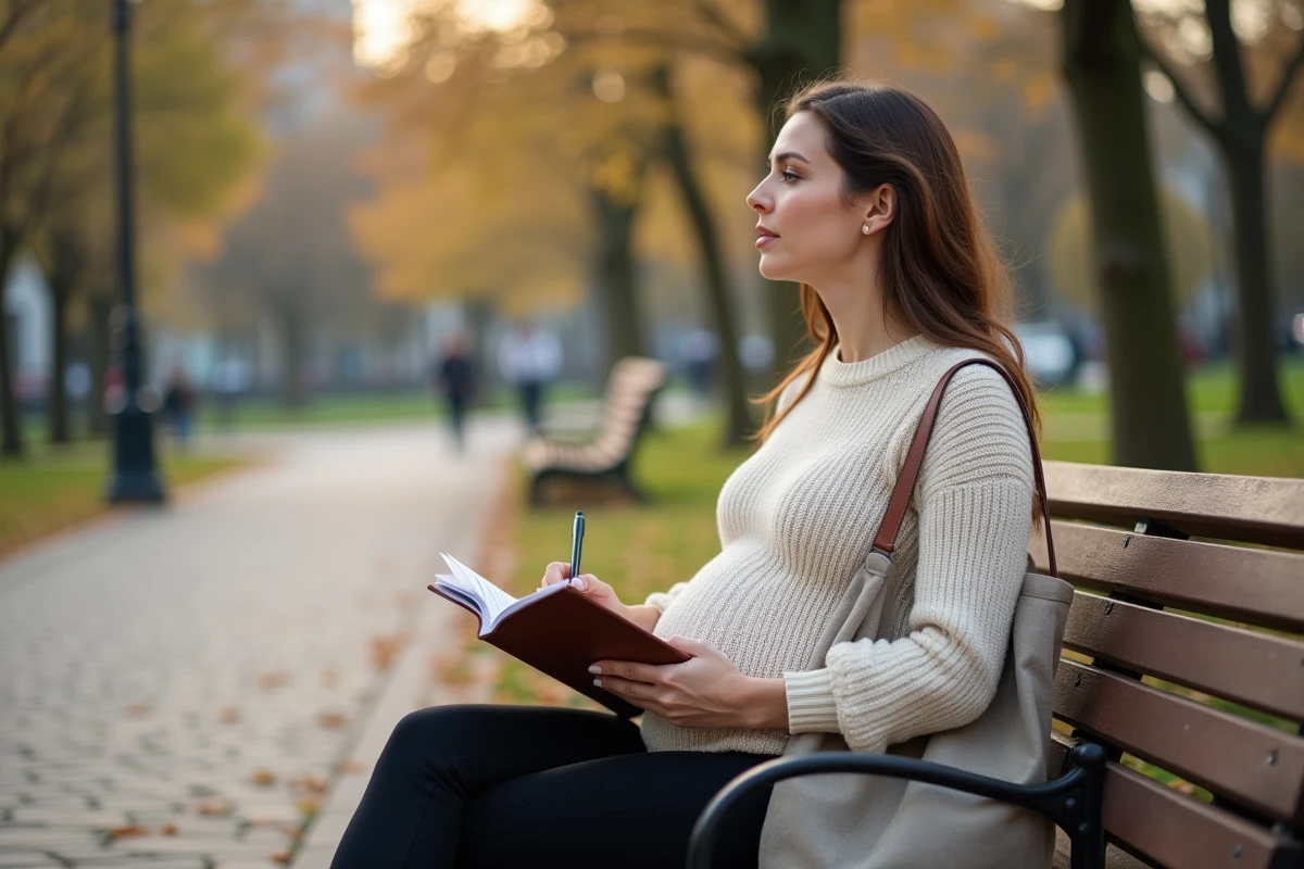 Journaliste enceinte écrivant dans un carnet sur un banc de parc en automne, moment de réflexion en extérieur