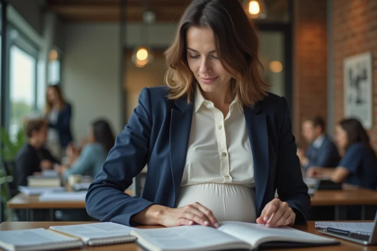 Journaliste enceinte travaillant dans une salle de rédaction, assise à son bureau avec des notes et un ordinateur portable