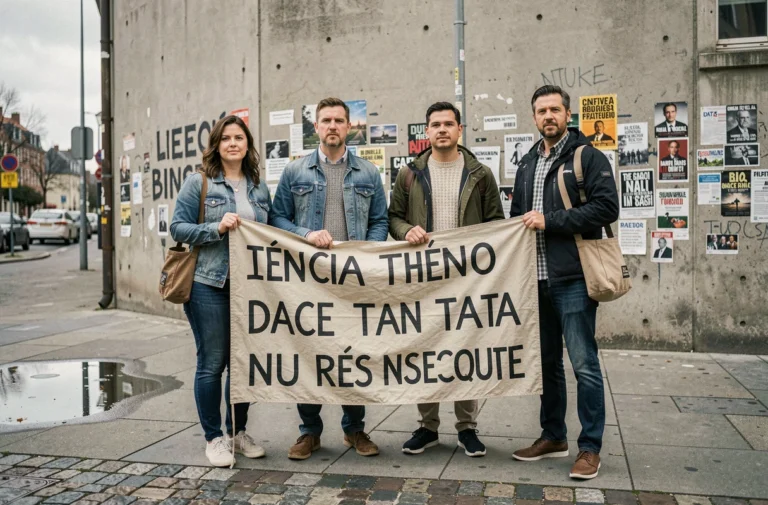 Groupe de manifestants tenant une banderole antifasciste peinte à la main avec des slogans en italien et en français dans une rue urbaine européenne