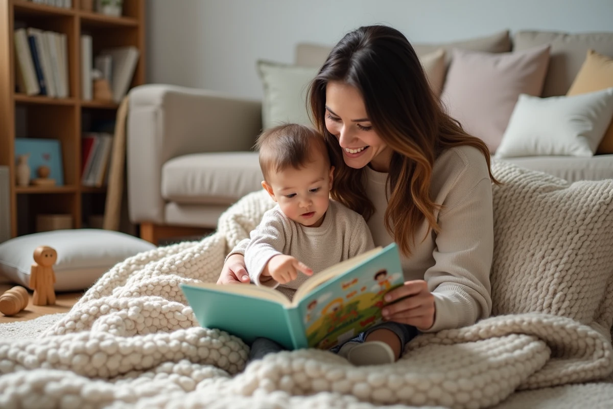 Mère lisant un livre illustré avec son jeune enfant assis sur le sol du salon familial entouré de coussins
