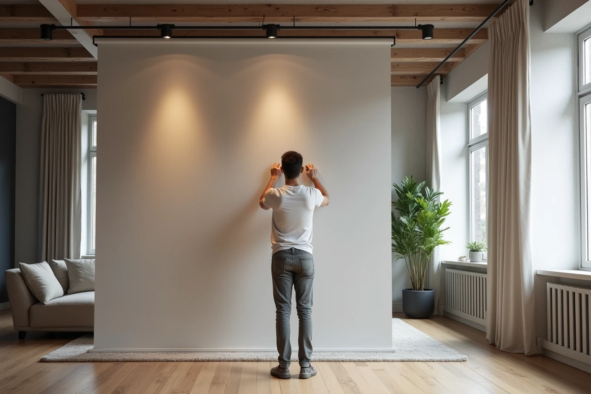 Homme mesurant l espace entre un diviseur et le plafond