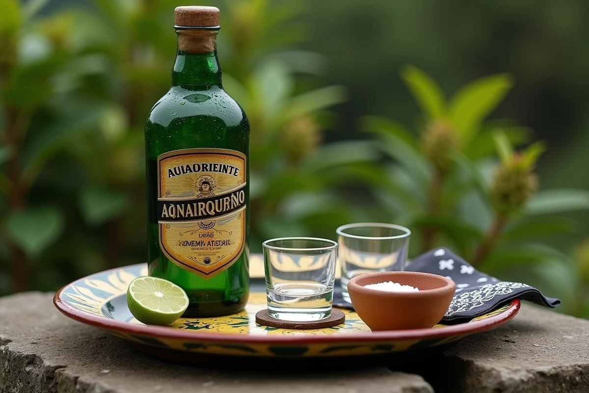Mise en scène traditionnelle de dégustation d'aguardiente colombien sur plateau céramique en finca andine