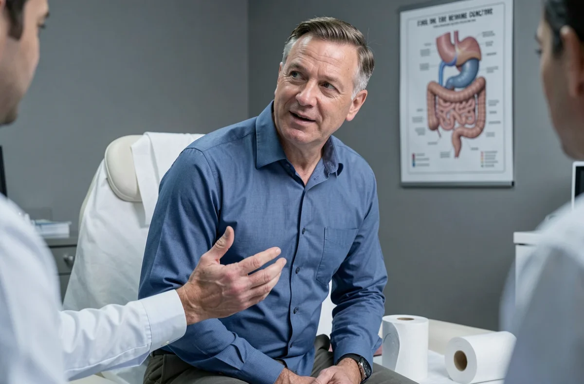 Patient en consultation médicale décrivant une douleur abdominale à son médecin, dans un cabinet de consultation moderne