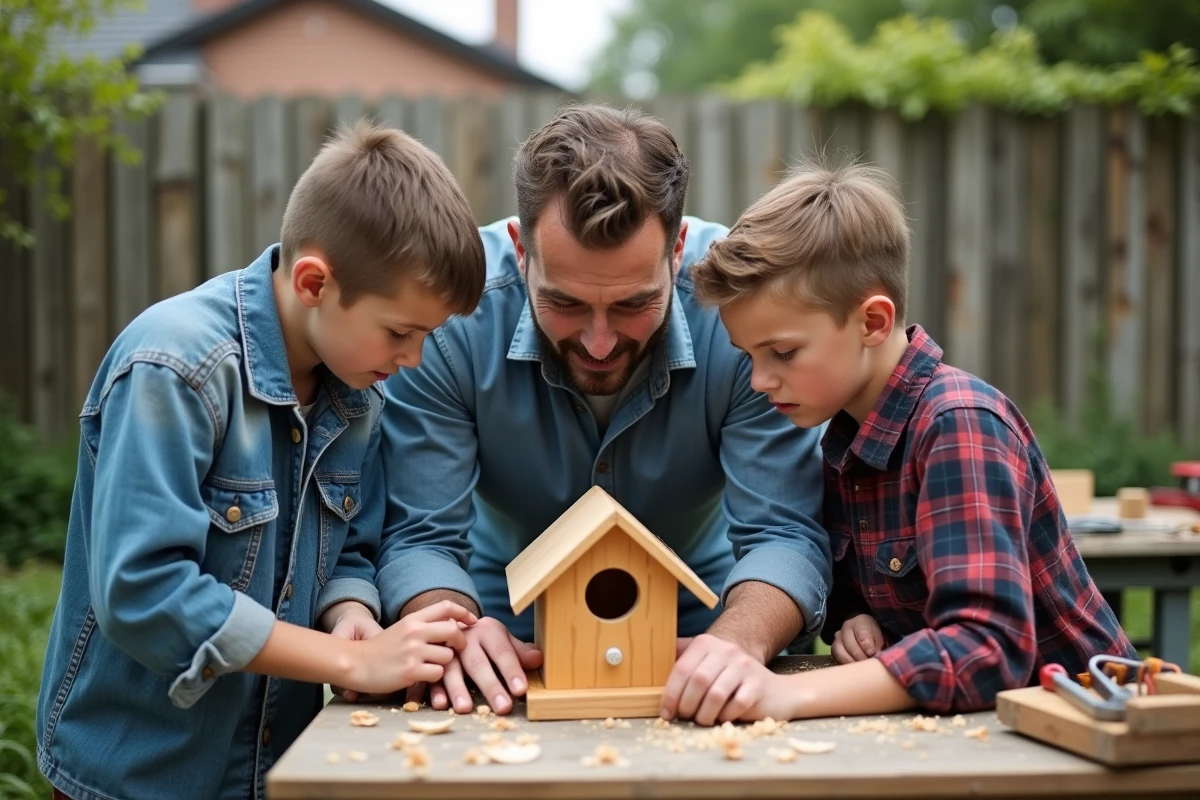 Père et ses enfants adolescents construisant ensemble un nichoir en bois dans le jardin familial