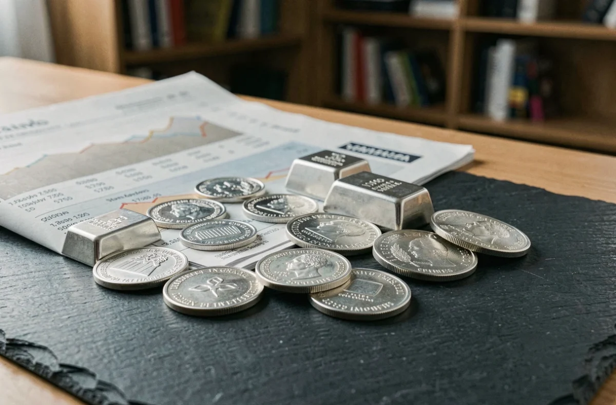 Pièces et lingots d'argent investissement disposés sur ardoise avec journal financier et graphiques de marché