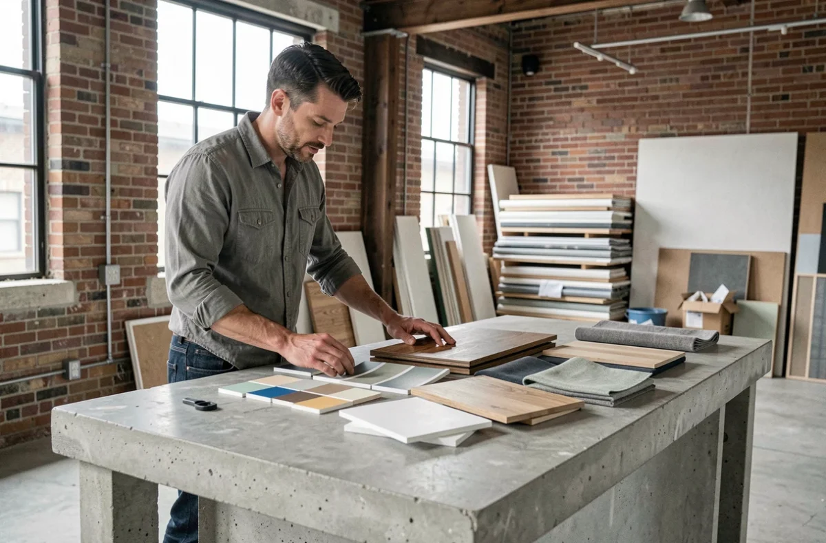 Homme consultant des échantillons de matériaux de rénovation dans un loft industriel avec murs en briques et îlot en béton brut