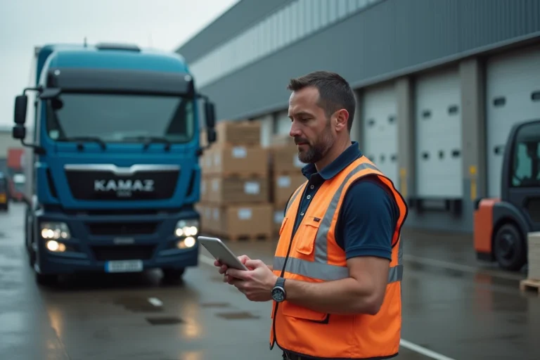 Responsable logistique consultant une tablette numérique devant un camion Kamaz dans un entrepôt industriel