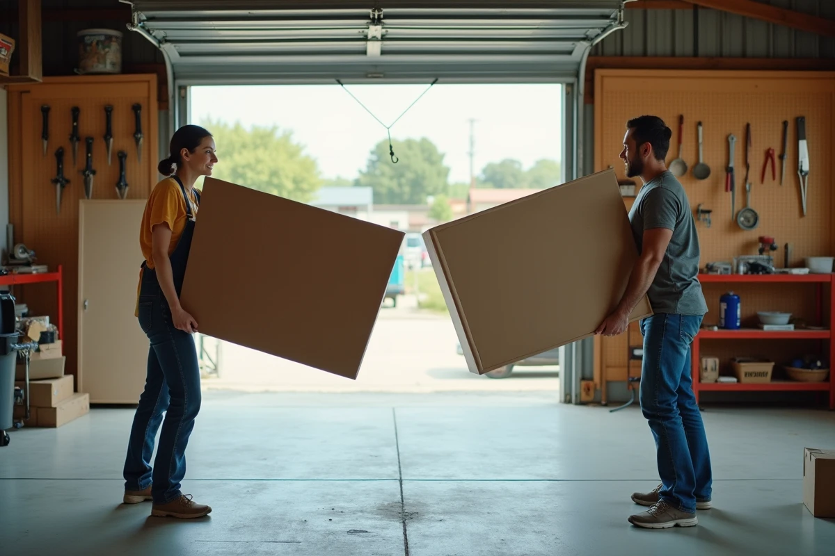 Deux personnes collaborant pour retourner une grande table à manger dans un garage atelier, technique sécurisée à deux