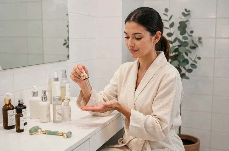 Femme prenant soin de sa peau avec des produits de beauté naturels devant un miroir de salle de bain minimaliste