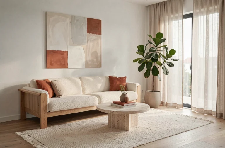 Salon minimaliste scandinave avec canapé en bouclé crème, table basse en travertin et plante d'intérieur élégante pour une décoration design tendance