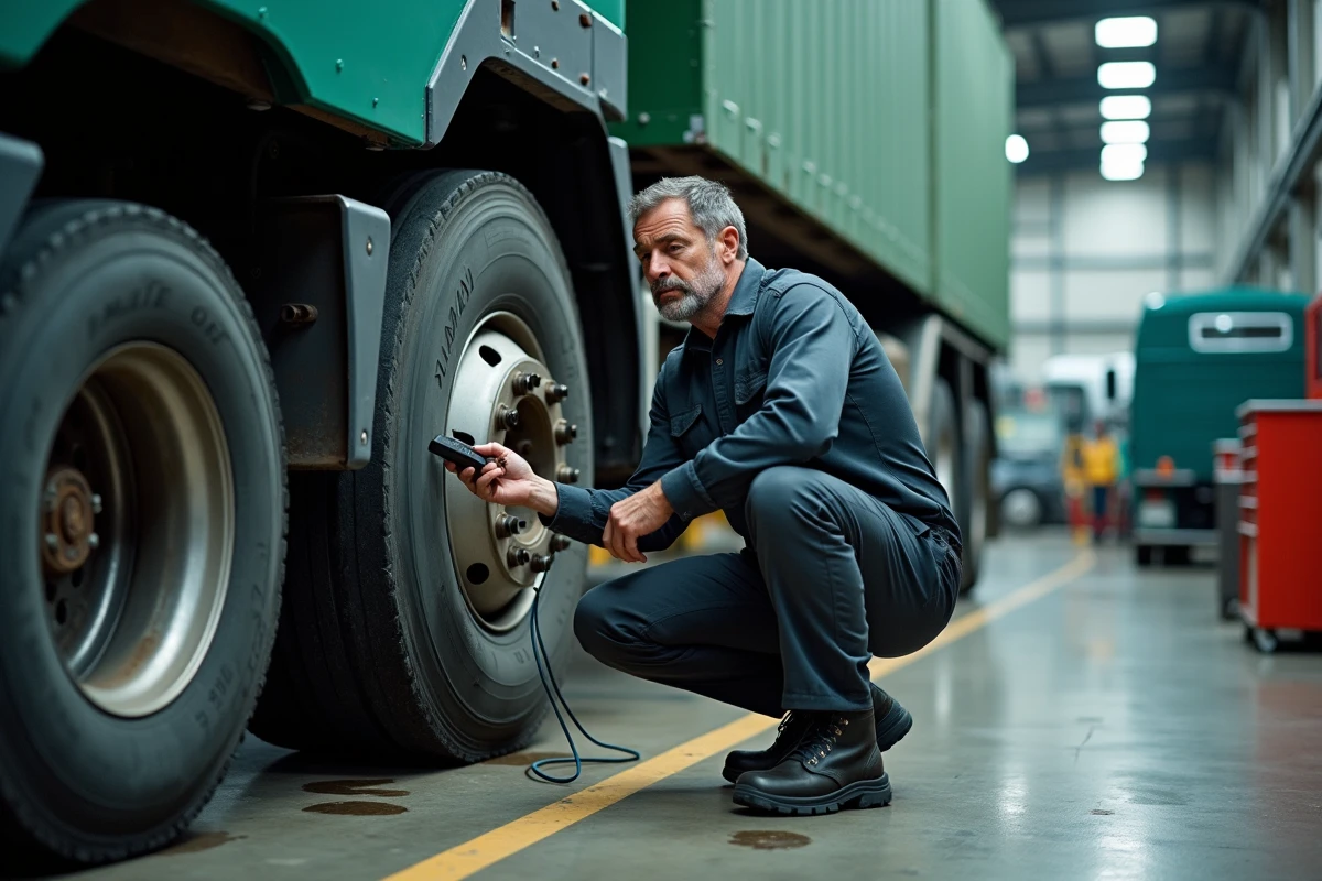 Technicien de flotte diagnostiquant un camion Kamaz dans un garage de maintenance industrielle