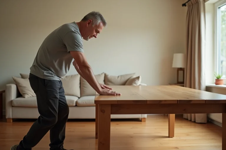 Homme retournant une lourde table en chêne avec une technique ergonomique correcte dans un salon domestique