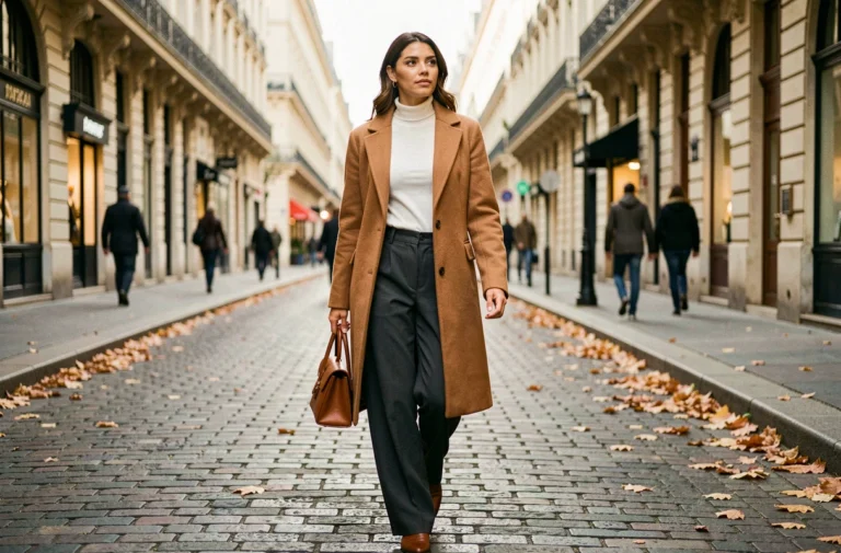 Femme élégante en manteau camel et pantalon large marchant dans une rue parisienne en automne