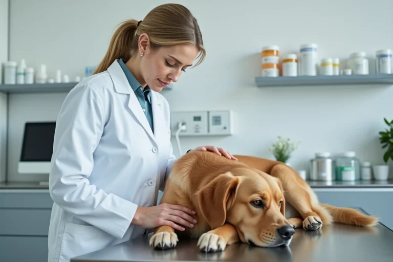 Vétérinaire examinant un golden retriever calme dans une clinique vétérinaire moderne, illustration de l'utilisation de la gabapentine chez le chien