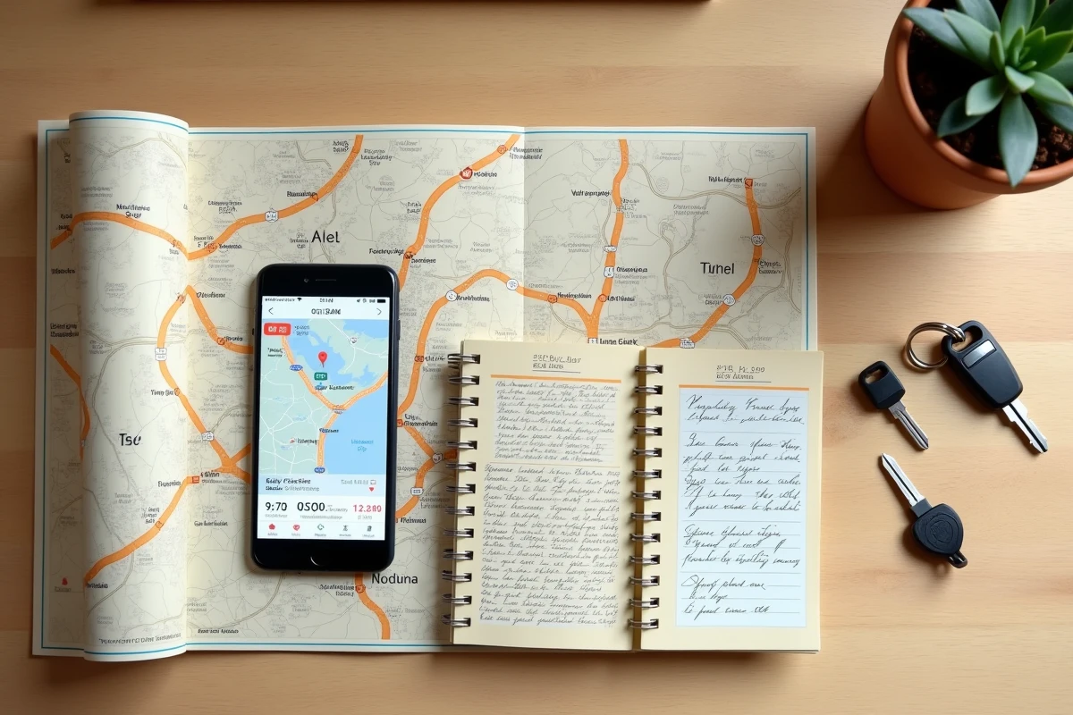 Vue de dessus d'une carte routière, d'un smartphone avec calcul de trajet Mappy et d'accessoires de voyage sur un bureau
